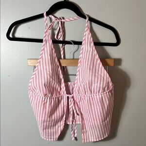 Pink and Cream Striped Triangle Open Back Halter Top